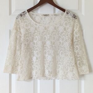 Jack Wills Boho Chic Sheer Floral Lace Cropped Half Sleeve Round Neck Top Cream